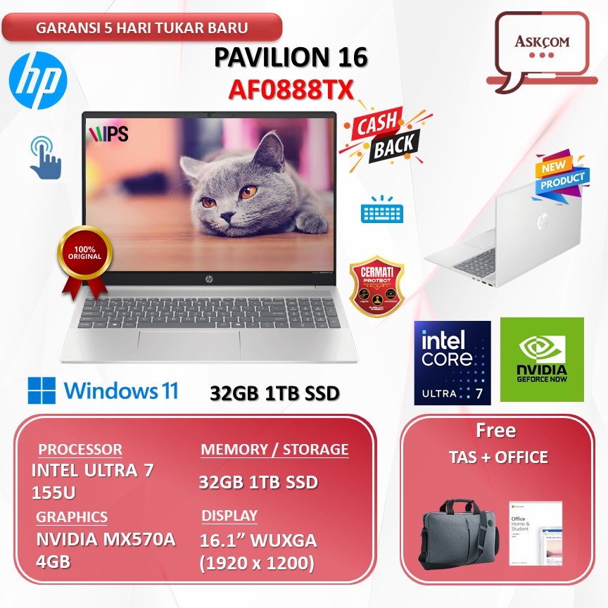 HP Pavilion 16 Touch Ultra 7 155U MX570A 4GB | 32GB 1TB SSD W11 OHS21 16.0WUXGA BLIT AF0888TX