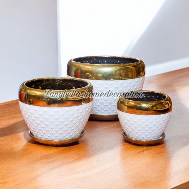 Pot Keramik Tanam Hias Putih Gold Full Emas Satu Set Porselen Import Dekorasi rumah