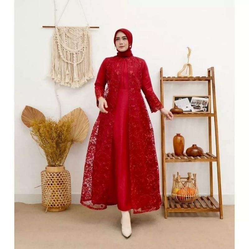 Gamis Hena Brukat Mutiara Tile Terbaru Modern