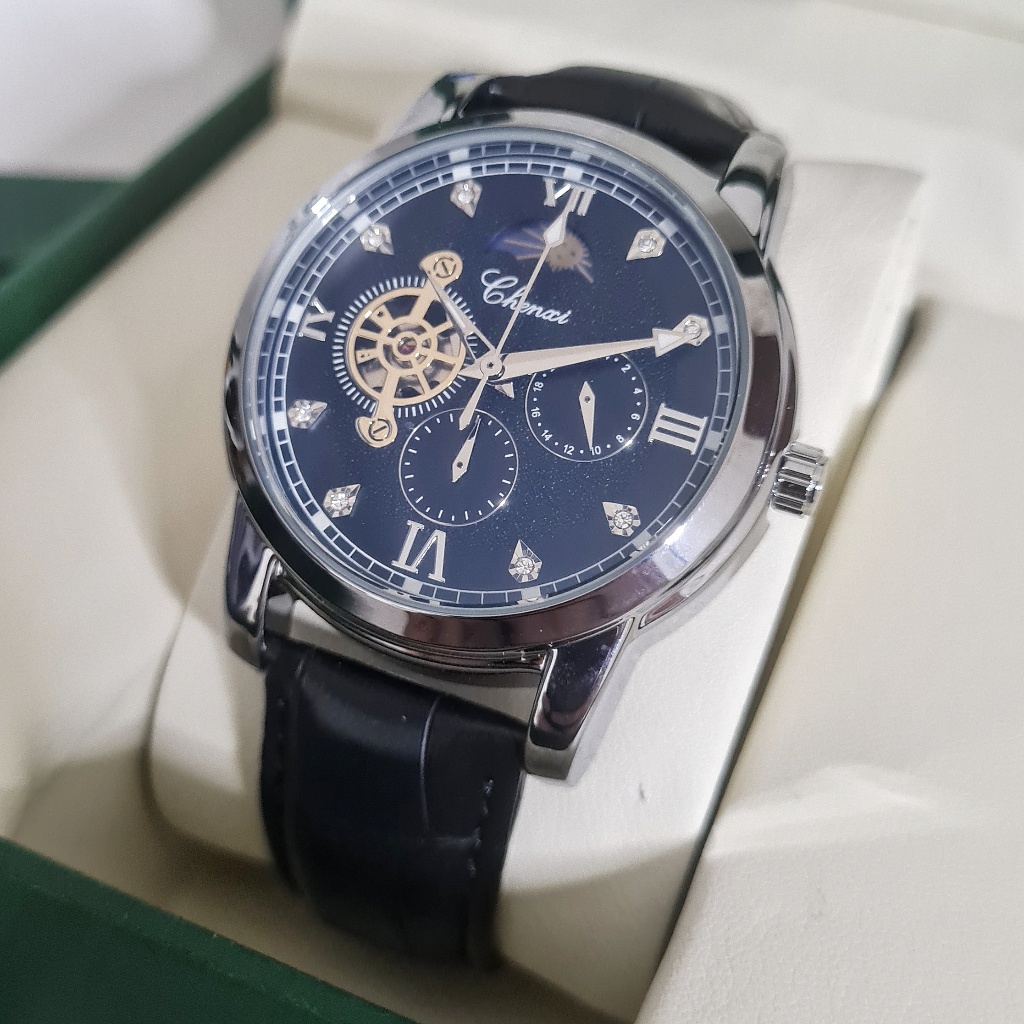CHENXI Acies Jam Tangan Pria Original Otomatis Skeleton Tanpa Baterai Hitam Anti Air Kulit
