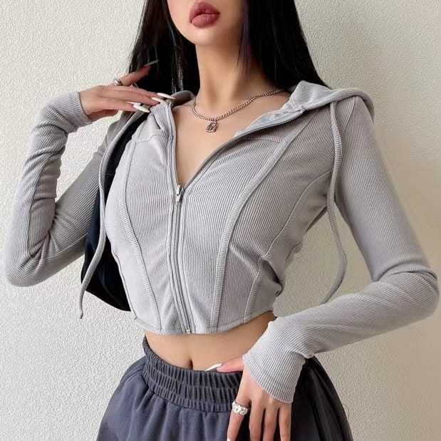New Long Sleeve Reina Hoodie Crop Top Zipper / Jaket Zipper