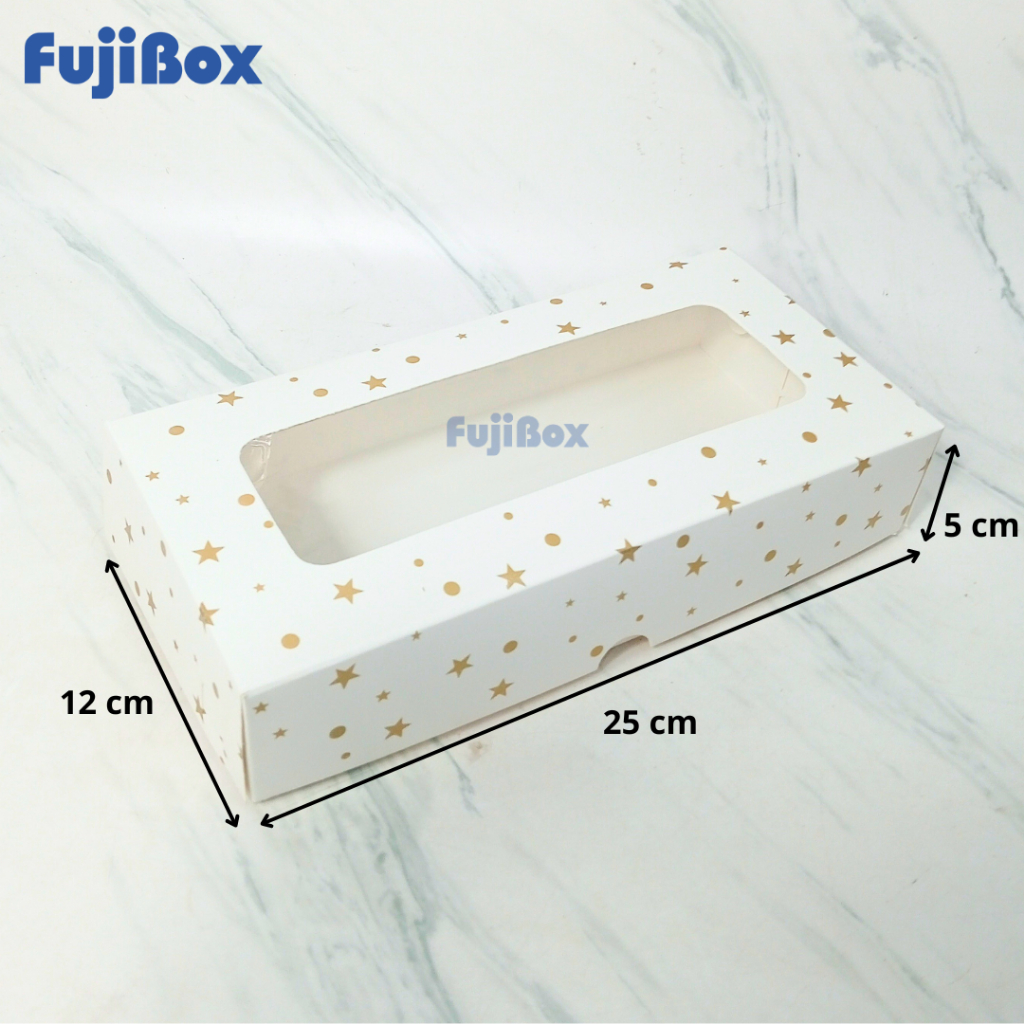 

(10 Pcs) Fuji Box Dus Kotak Kue Ivory Motif Polkadot Bintang Emas 12 cm x 25 cm x 5 cm Putih Ivory Premium Jendela