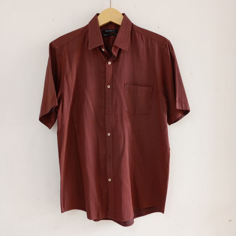 [Manly] Kemeja Pria lengan pendek Maroon garis garis