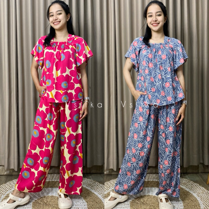 Set Baju Tidur Wanita Rayon Karet Dada / Set Piyama Kerut Bumil Busui