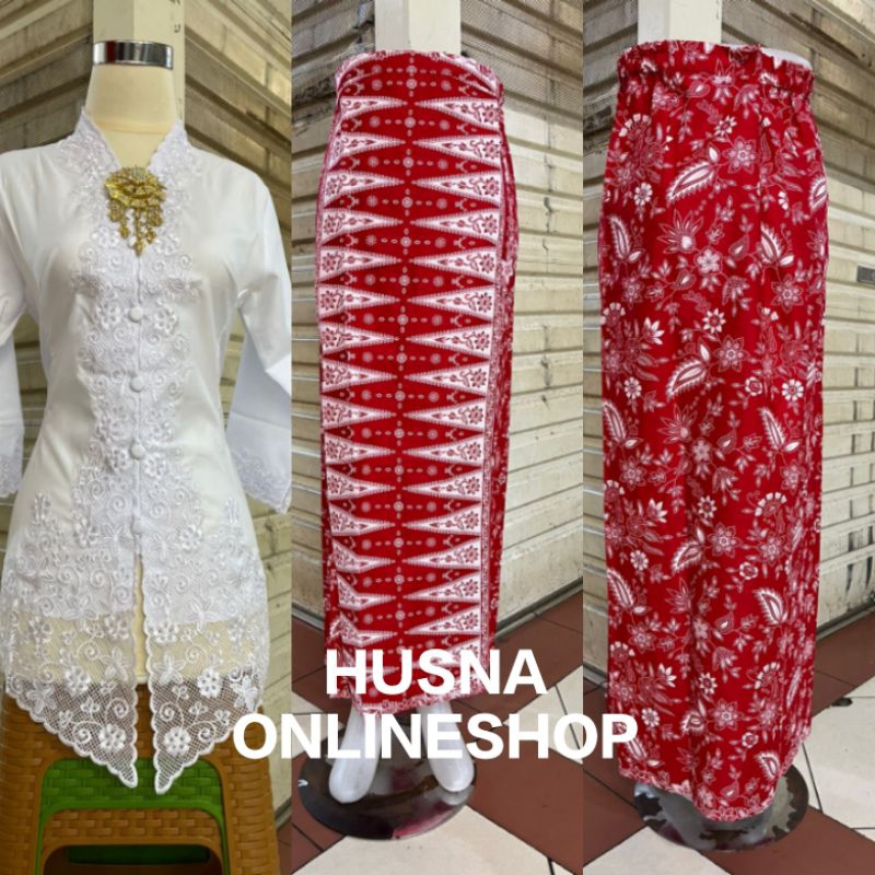 Setelan Kebaya Senada Putih Merah~Lengan 7/8 Kerah Sunda~Encim Merah Putih Lengan Panjang Jumbo