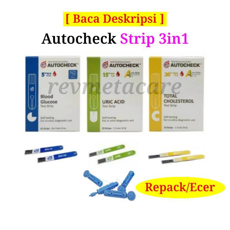 Autocheck 3 in 1 Strip Tes Cek Ukur Gula Darah, Asam Urat, Kolesterol Stik Refill Murah Bonus Lancet
