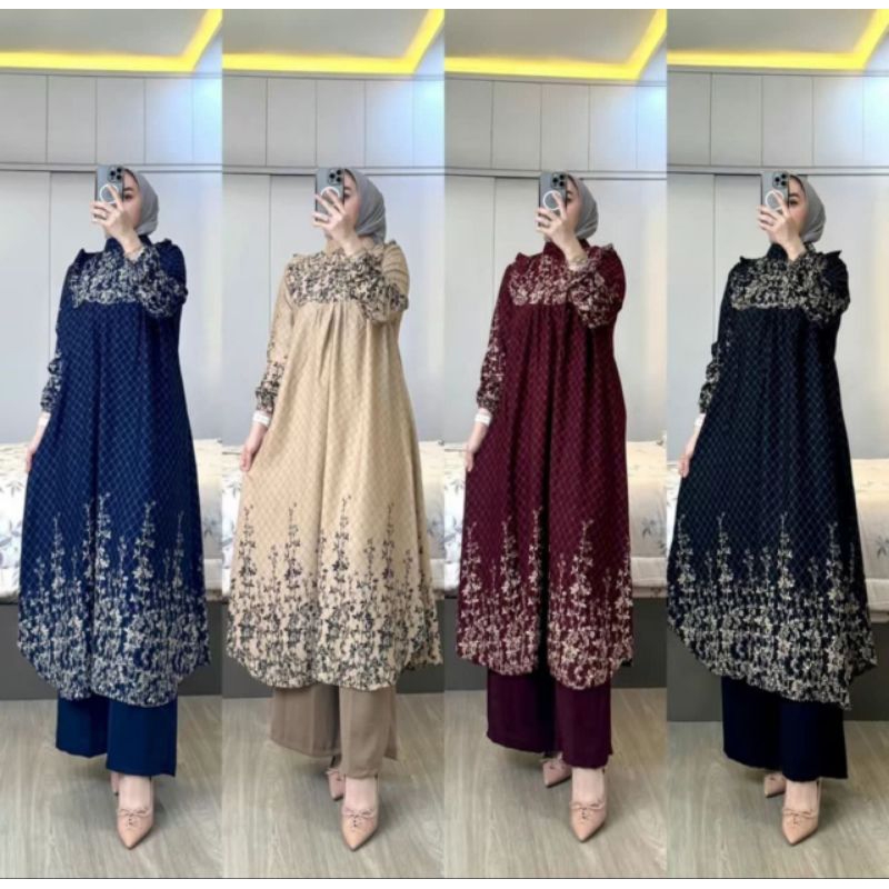 [COD] One Set Long Tunik Arina Bunga Kulot Terbaru Rayon Diamond Mix Crinkle Airflow Kekinian