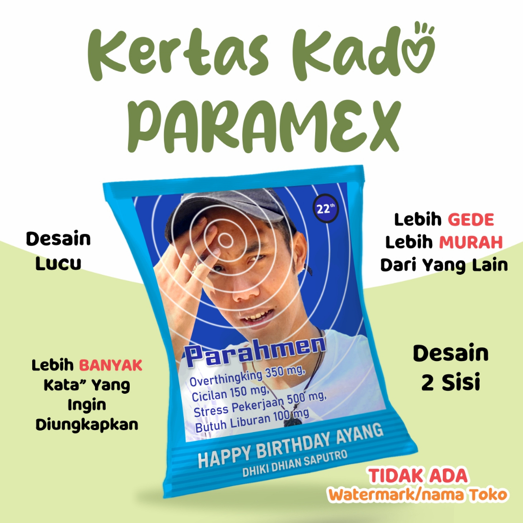

KERTAS KADO CUSTOM PARAMEX DEPAN BELAKANG BUNGKUS KADO CUSTOM PARAMEX KADO ULANG TAHUN LUCU