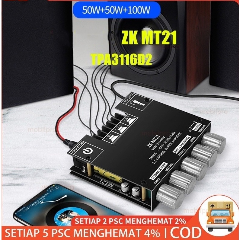 Modul Ampli Audio ZK MT21 50WX2+100W Stereo Bluetooth Amplifier Tpa3116d2 Modul Amplifier