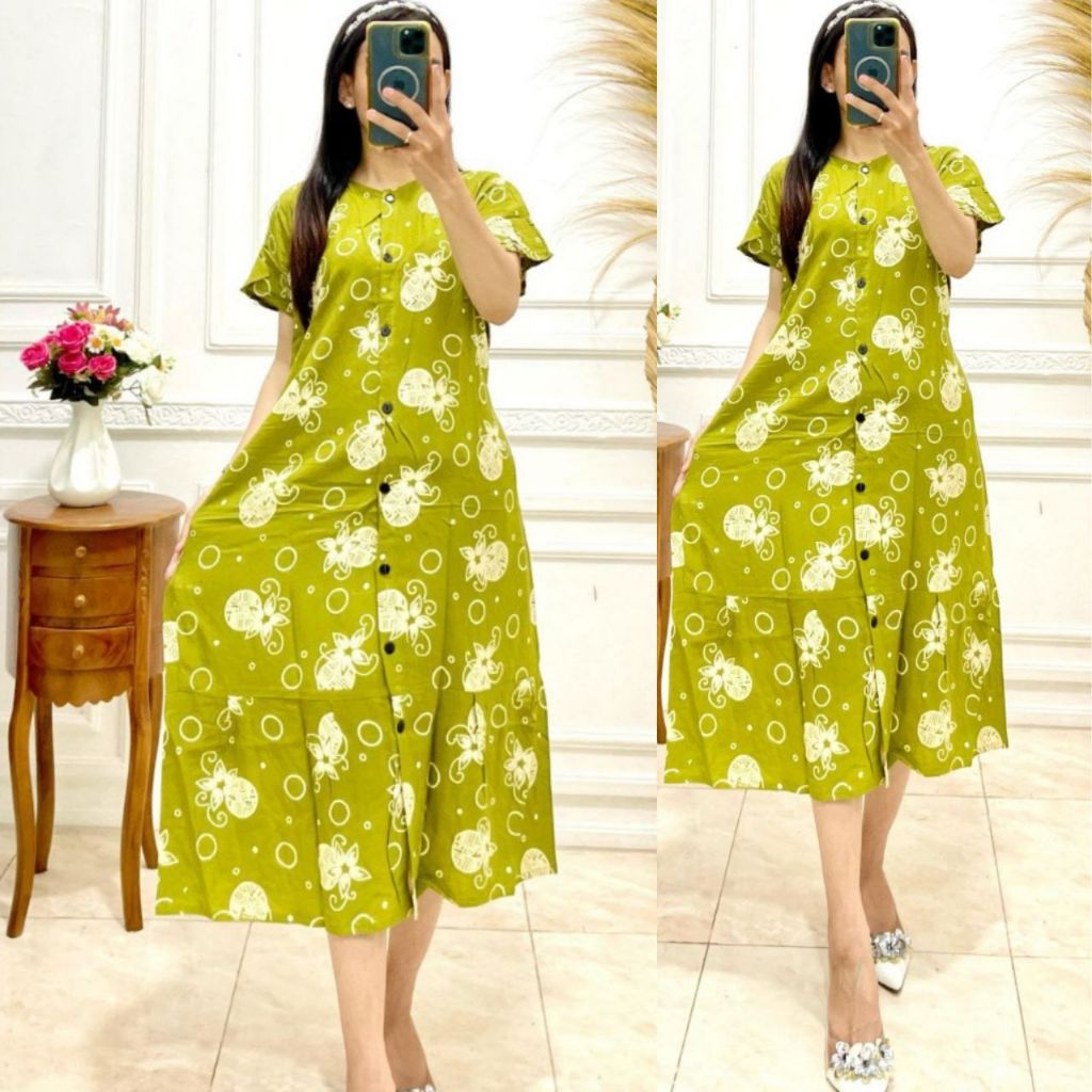 Daster Wanita Remaja Kekinian Lengan Pendek Rayon Tali Kanan Kiri Kancing Depan Full Andin Ld 110 Cm