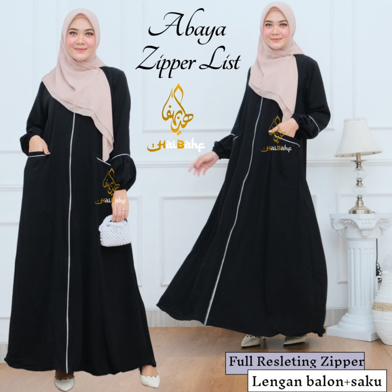 Abaya Lis Zipper Bahan jetblack saudi hitam pekat Gamis Polos Dress Dewasa Jubah Outer Remaja