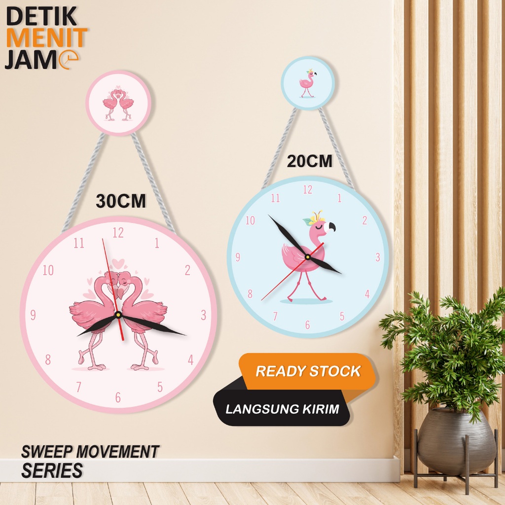 JAM DINDING 30CM GANTUNG KAYU HOME DEKOR KAMAR ANAK CEWE COWO UNIK HIASAN FLAMINGO MENGGEMASKAN