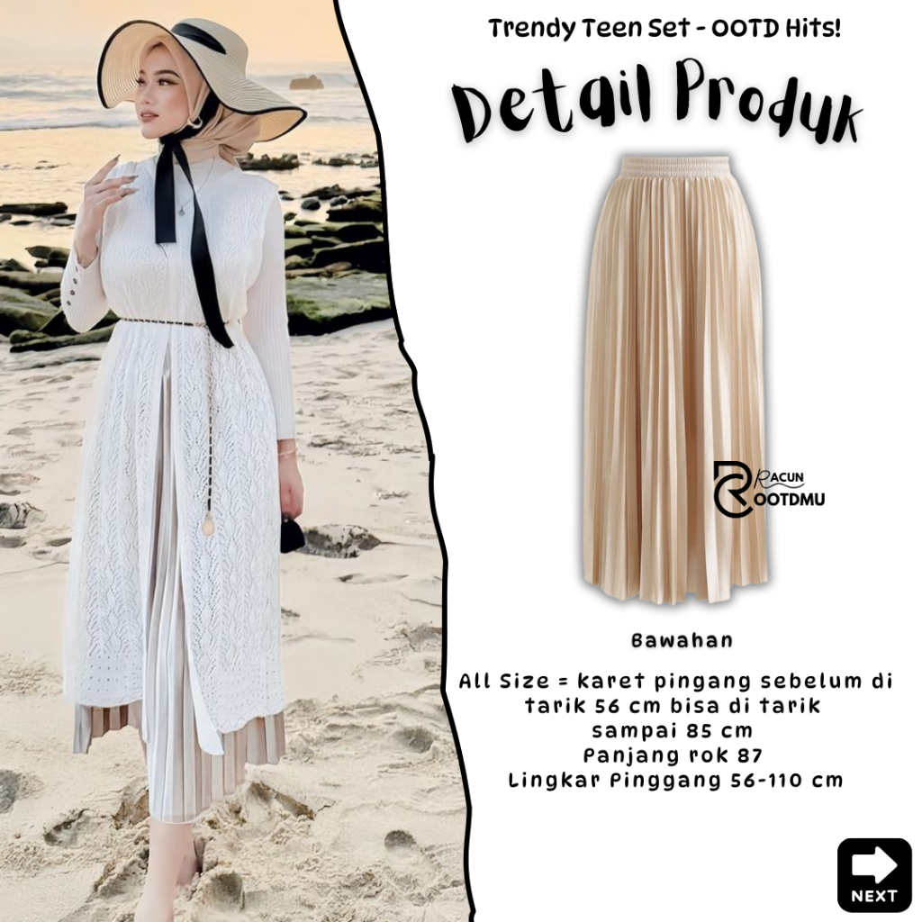 BEST SELLER OOTD ONE SET PANTAI VIRAL LONG OUTER CARDIGAN, ROK PLISKET PREMIUM, TOPI PANTAI DEWASA