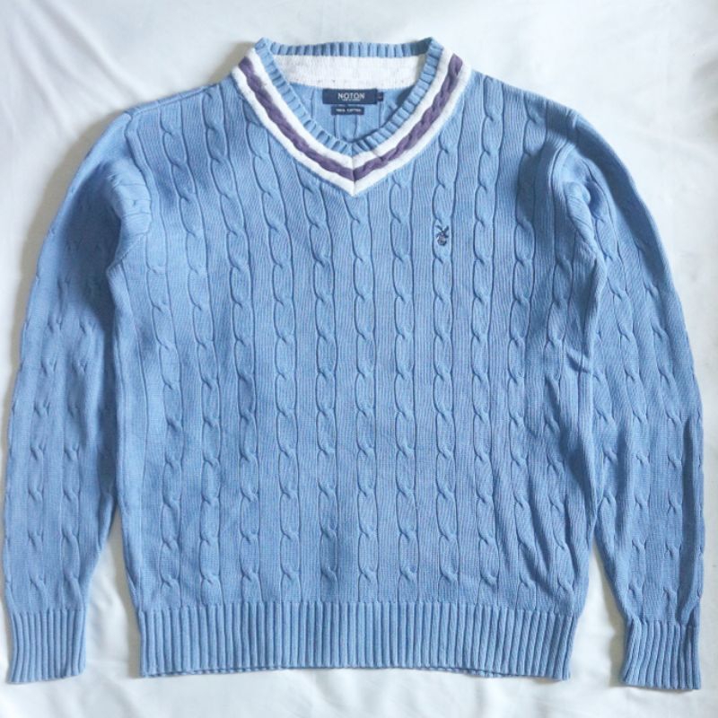 NOTON Vneck Cable Kepang Sky Blue Biru Langit Knitwear Sweater Sweatshirt Crewneck Rajut Wool Jaket 