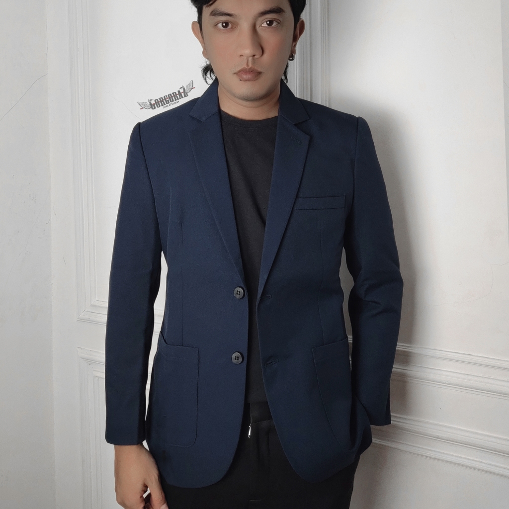 jas pria blazer pria navy biru gelap dua kancing premium cutting slimfit doff original