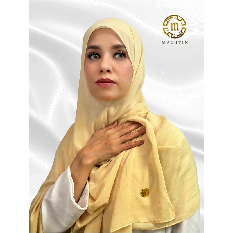 Pashmina Arabian Chiffon - Salur Benang Emas Buttermilk Machtin Hijab
