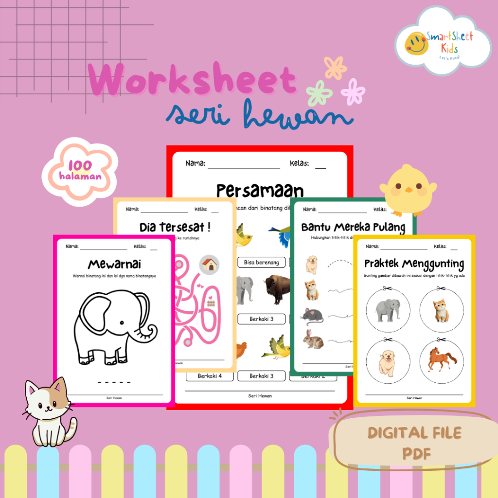WORKSHEET PRINTABLE anak seri hewan Digital File PDF untuk usia 2 3 4 5 Tahun
