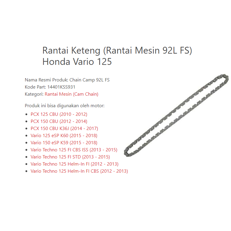 14401KSS931 Rantai Keteng (Rantai Mesin 92L FS) Honda Vario 125