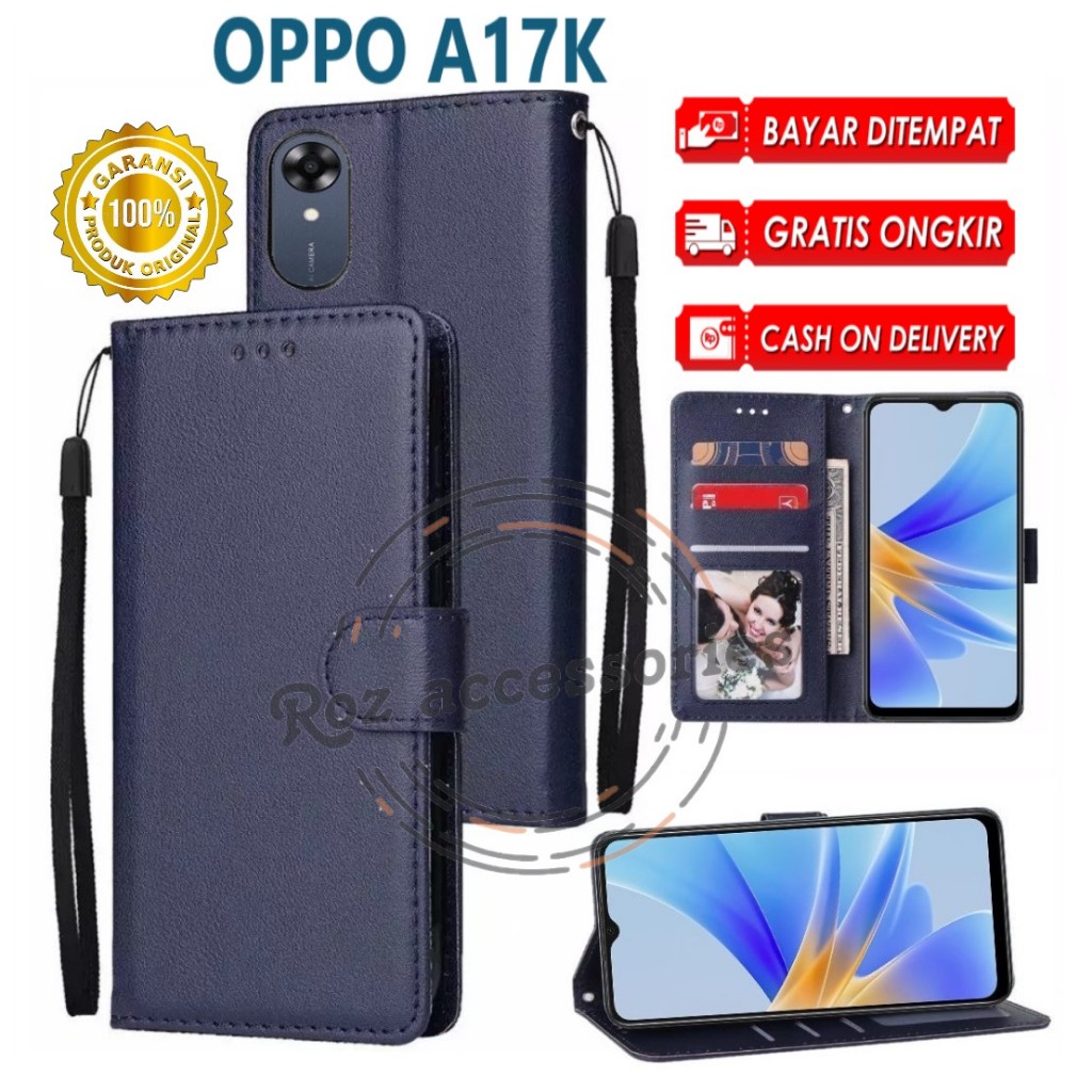 Accessories HP Oppo A17K Flip Leather Case Premium Wallet Kulit Sarung Dompet Handphone