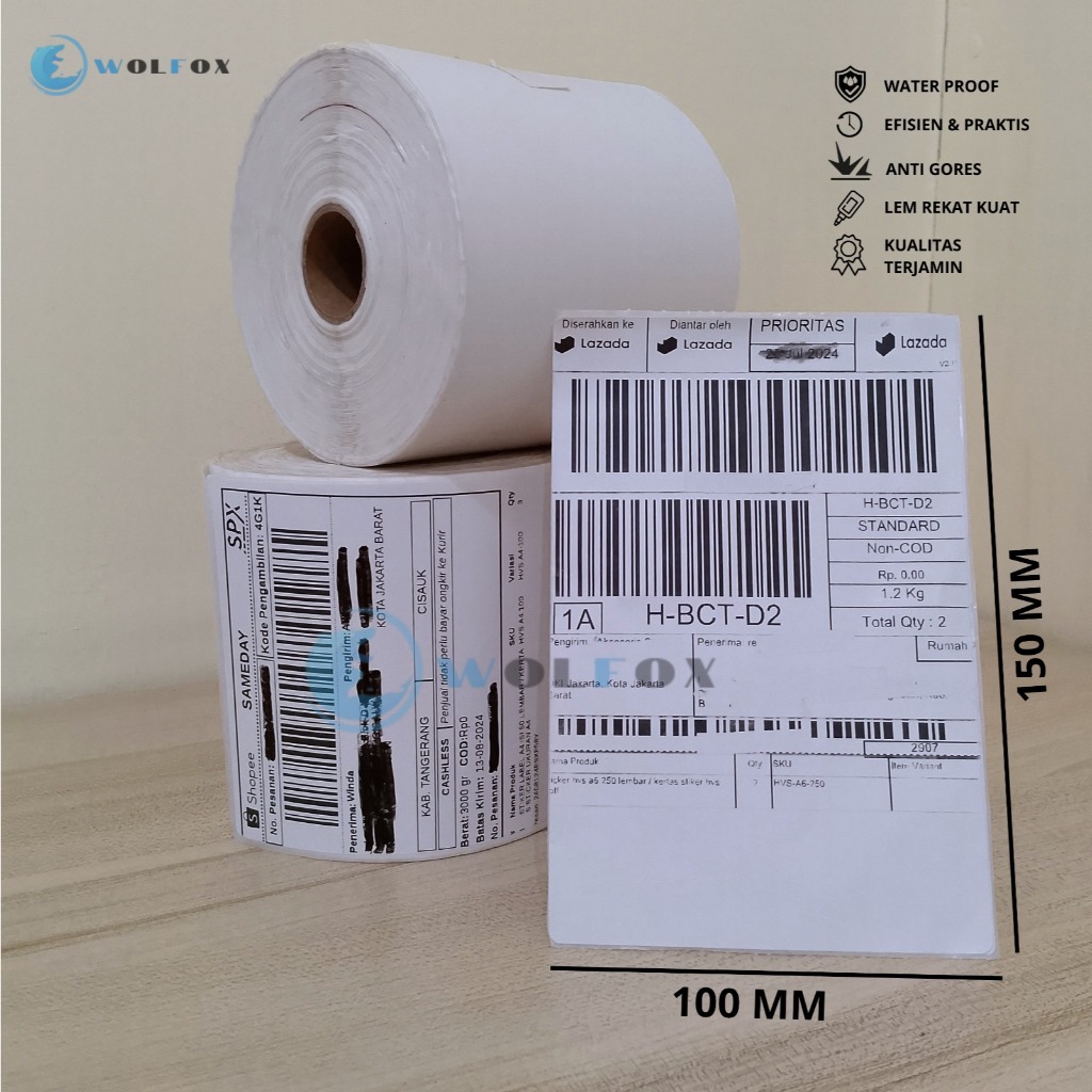 

KERTAS THERMAL LABEL STICKER 100X150 ISI 500 UK A6 RESI BARCODE