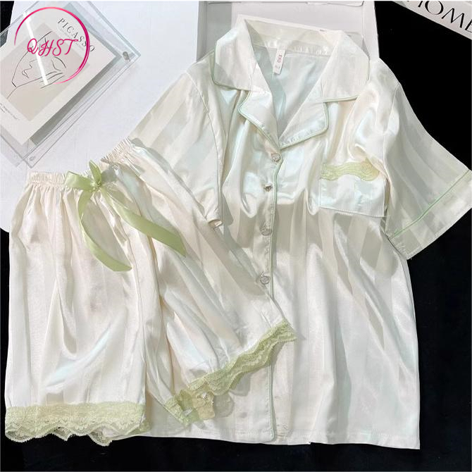 QHST Piyama Wanita Set Satin Renda Krem Pola Wanita Import | Baju Tidur Wanita Dewasa |  ​Cewek Paja
