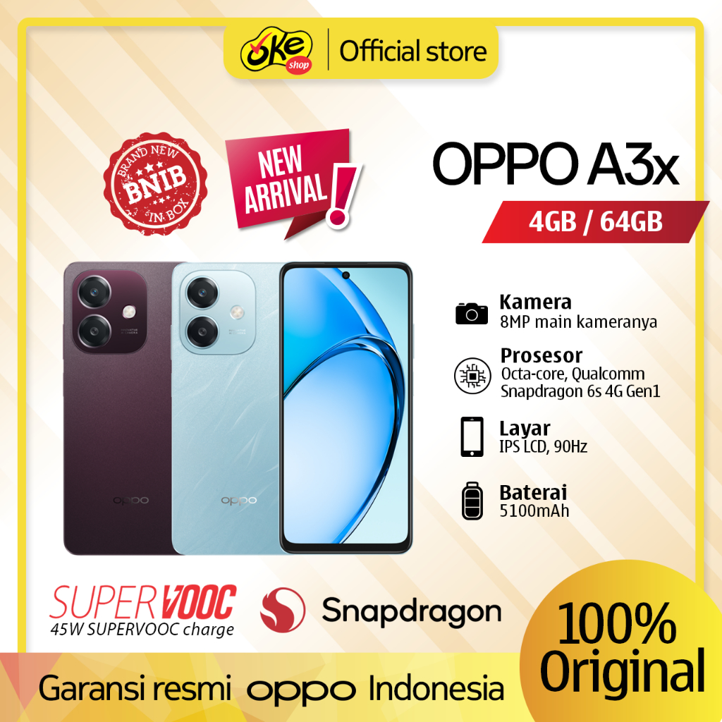 Oppo A3x 4GB/64GB 4GB/128GB 6GB/128GB Garansi Resmi