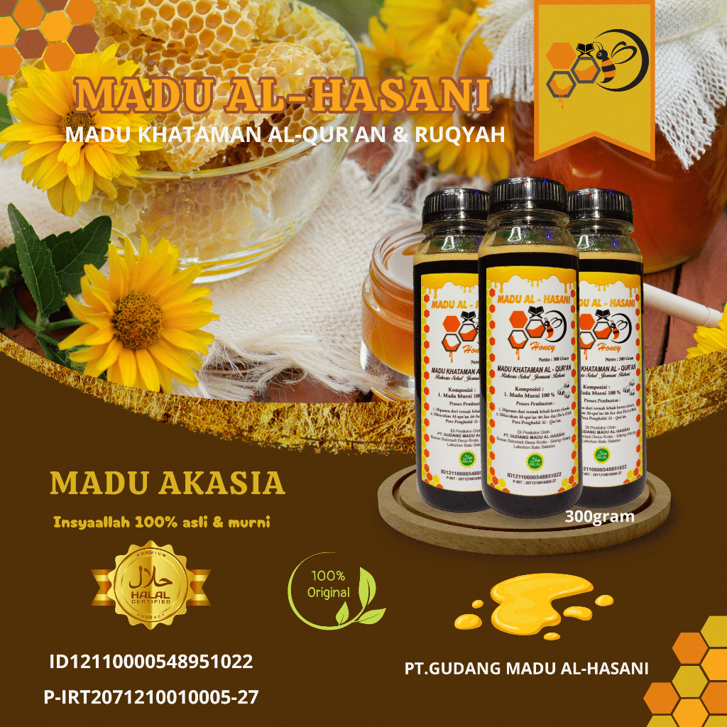 

Madu Khataman Al-Qur'an & Ruqyah, Madu Al-Hasani Asli & Murni Akasia 300 Gram - Honey - Syrup