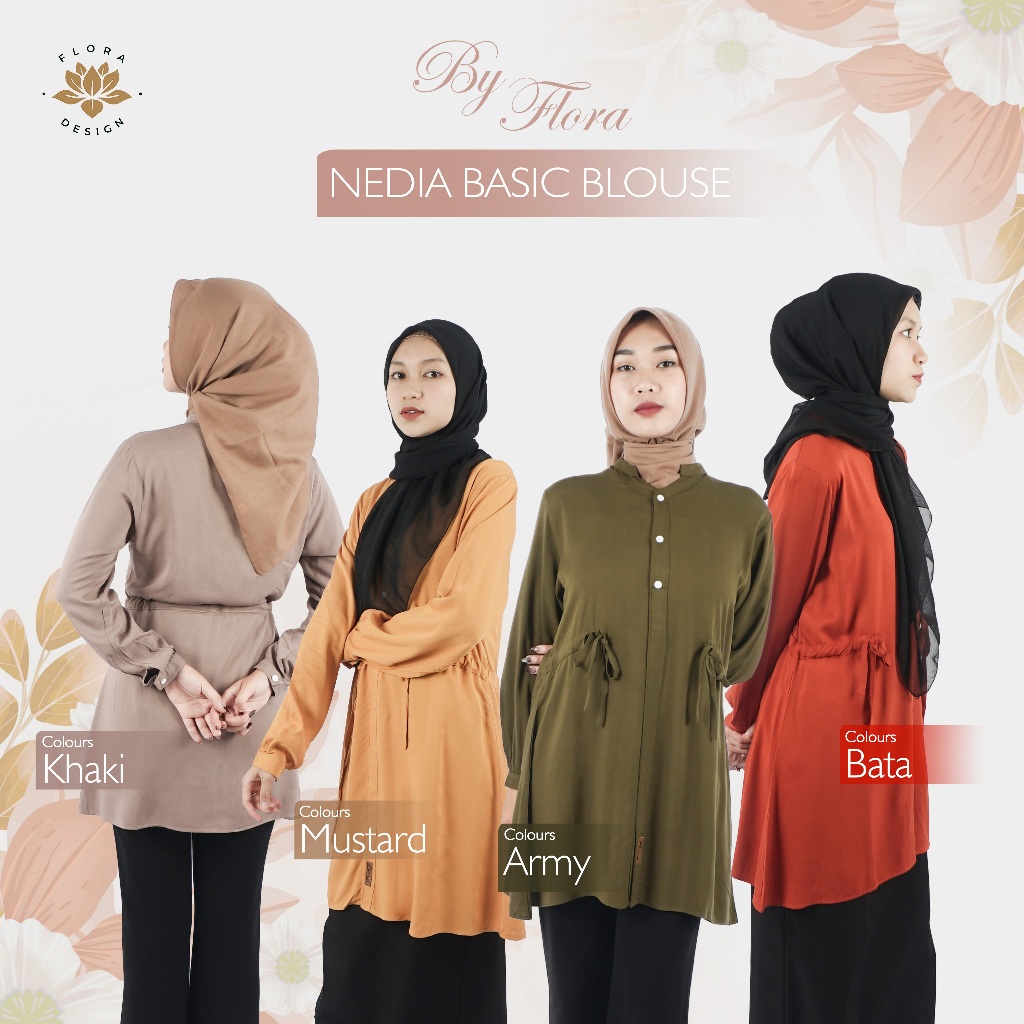 Nedia Basic Tunik Muslim Bahan Rayon Twill Atasan Kemeja Wanita Dewasa - Byfloradesign