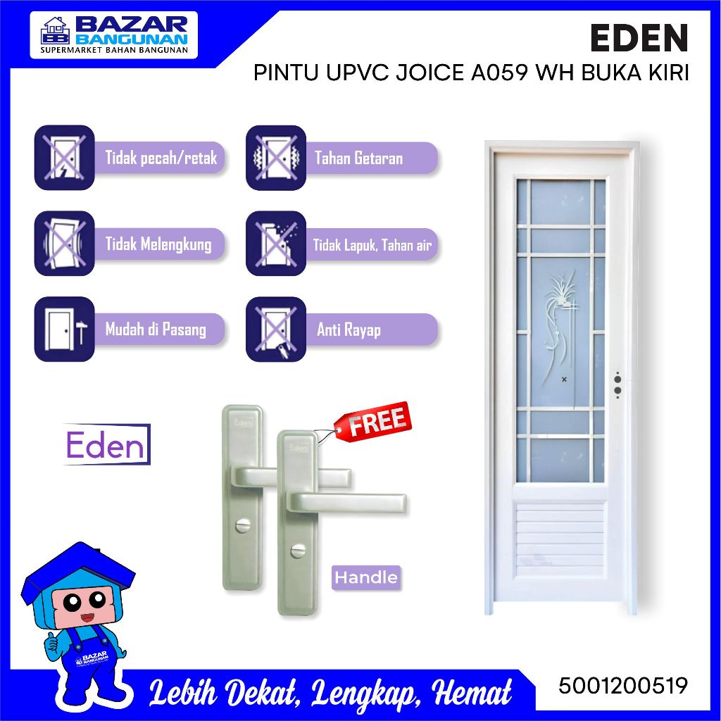 Eden - Pintu Kamar Mandi Wc Upvc Joice A059 A 059 WH Buka Kiri White