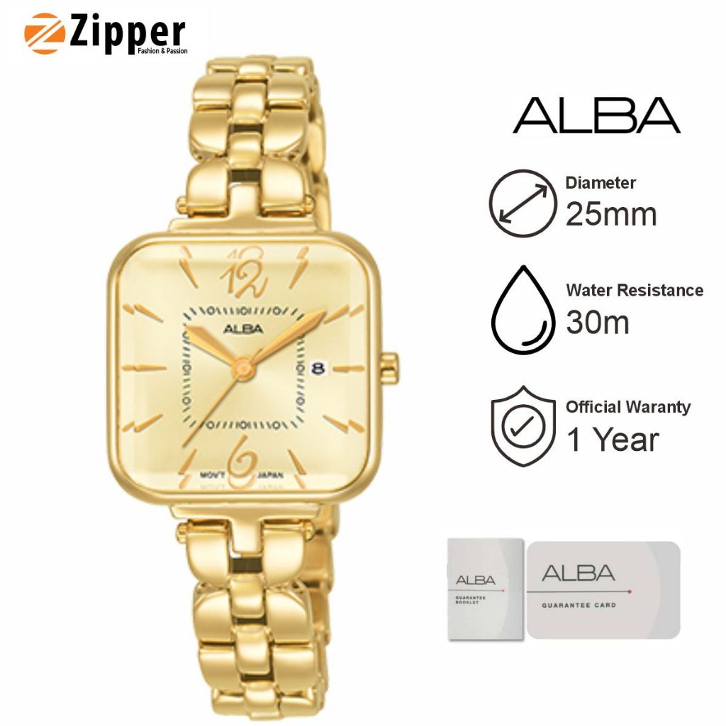 Jam Tangan Wanita ALBA AH7R66 Dial Kotak Gold Strap Rantai Stainless Steel Gold Original