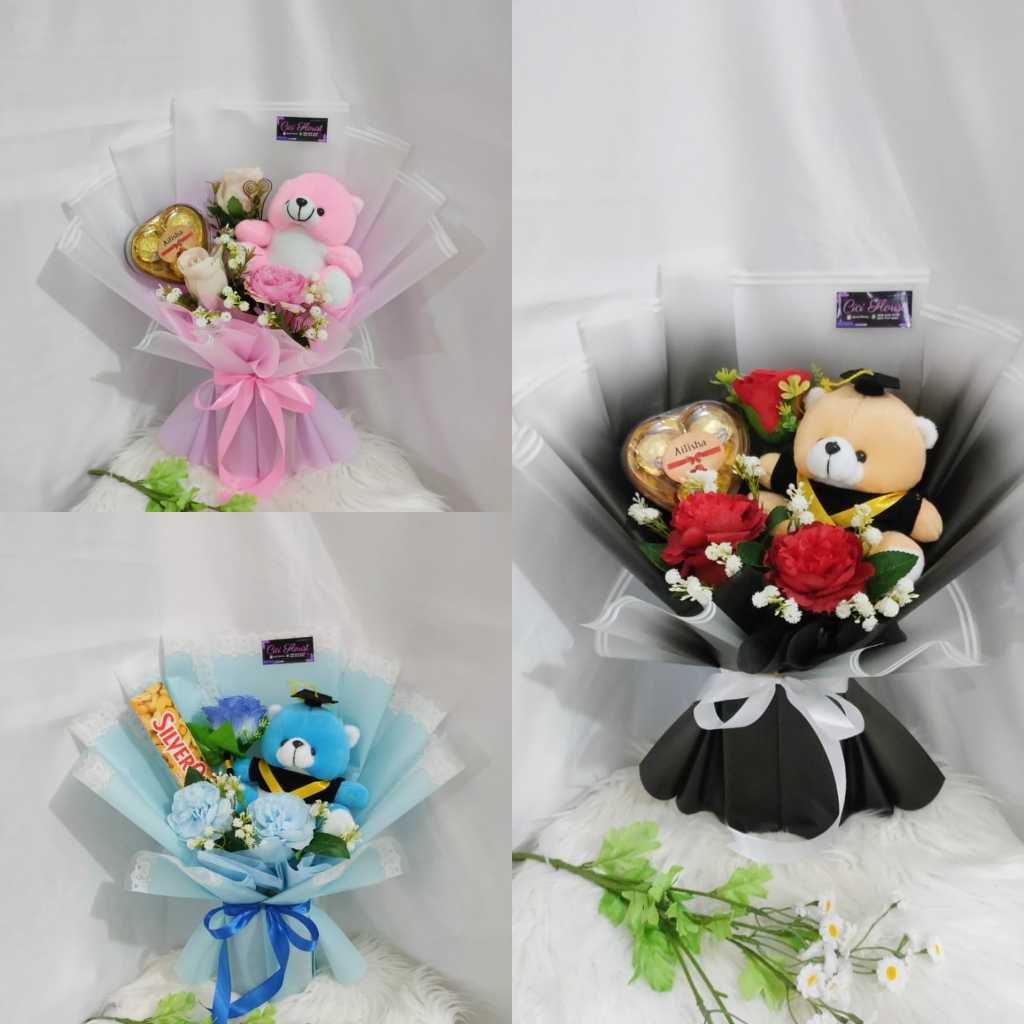 Buket Bunga + Boneka Bear Biasa / Wisuda + 1 pack Coklat Allisha Love Isi 3 / 1 Batang Silverqueen B