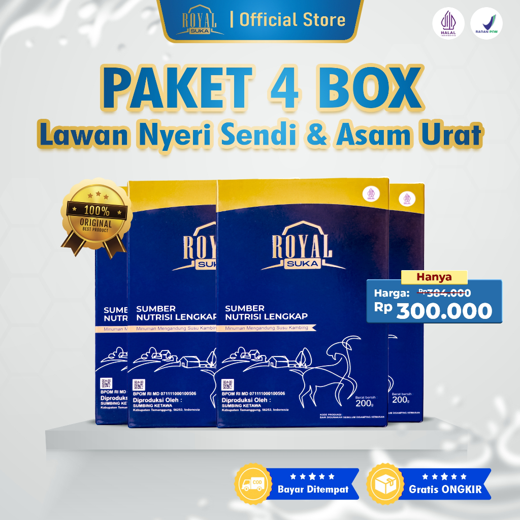 

Paket 4 Box - ROYALSUKA - Susu sendi dan tulang - Susu perbaiki pernafasan - susu kambing etawa - susu nutrisi