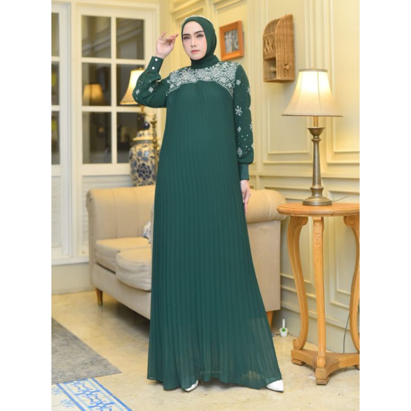 gamis plisket set hijab segi empat terbaru//gamis bordir pesta mewah free jilbab