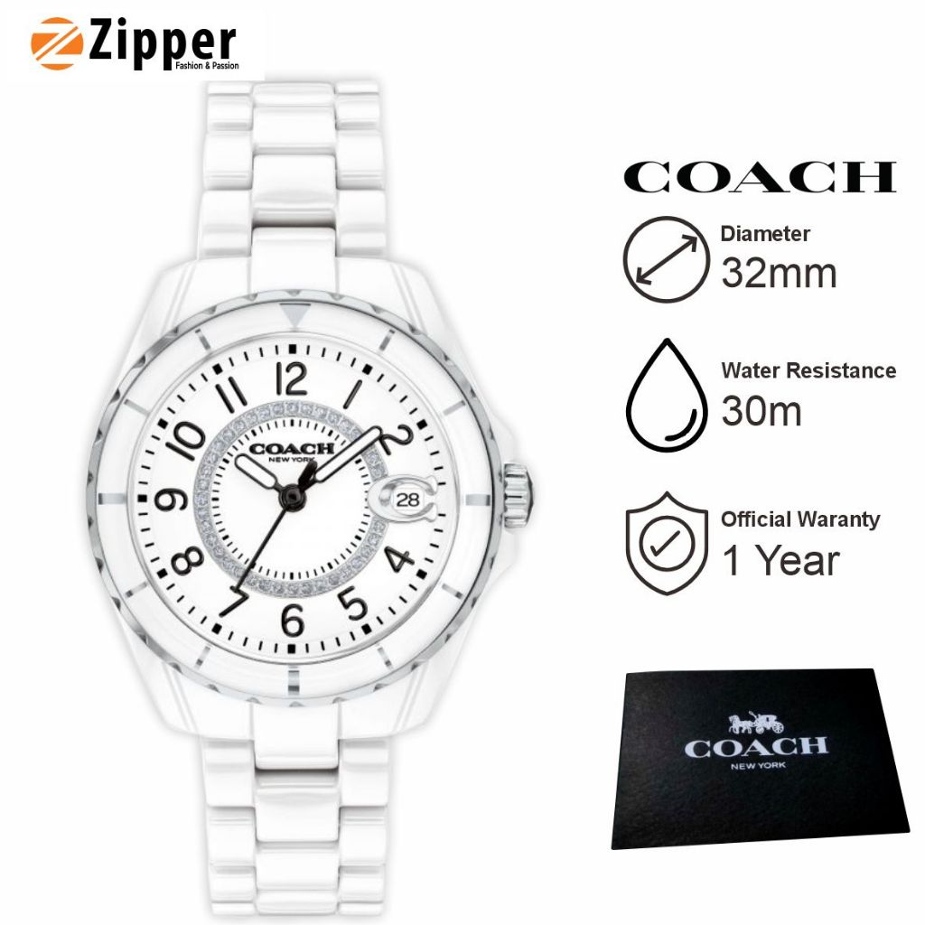 Jam Tangan Wanita Coach 14503462 Analog Strap Rantai Keramik White Luminous Original Garansi