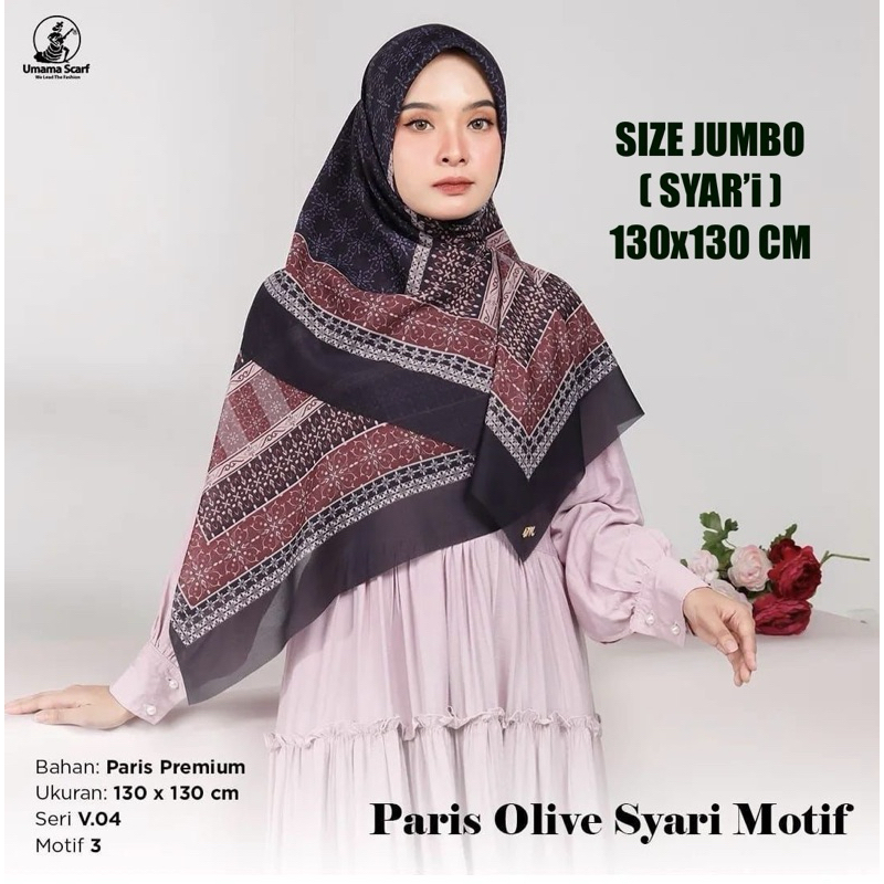 HIJAB UMAMA JUMBO SYARI’I 130x130CM MOTIF PARIS OLIVE LOGO METAL KERUDUNG SEGI EMPAT