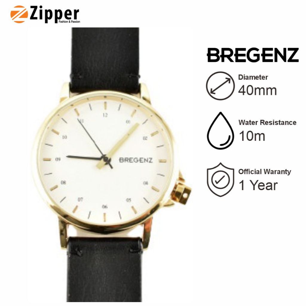 9.9 Jam Tangan Pria BREGENZ 1010MK-BLACK Tali Strap Kulit Hitam Dial Putih Original Garansi Resmi