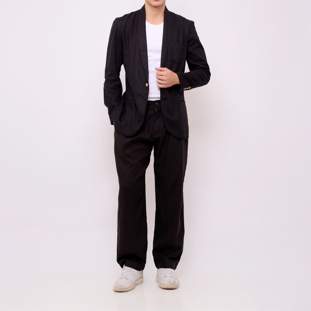 REMEDY Outer Linen Set Pria Panjang Warna Hitam - Midnight Blazer Set