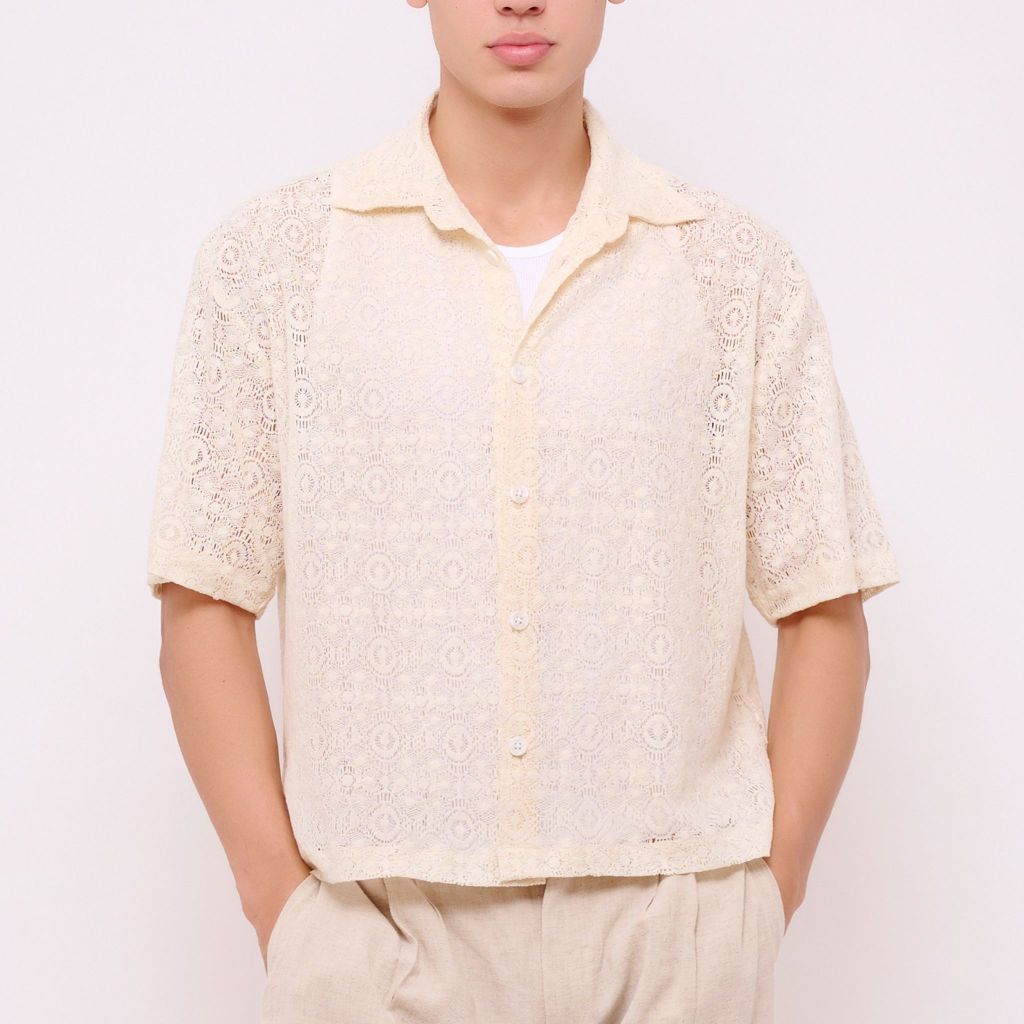 REMEDY Kemeja Pendek Pria Outer Summer Santai Rajut Warna Kuning Gading - Bahiya Outer Shirt