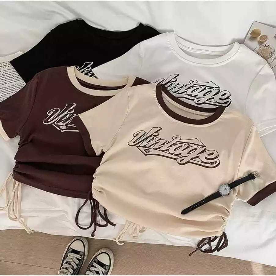 Kaos wanita Vintage Oversize Crop Top Tali Serut | Baju atasan wanita crop top kekinian