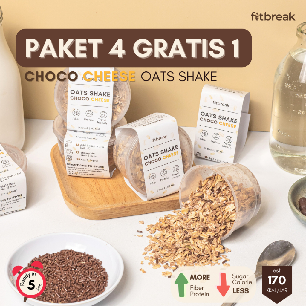 

Paket 4 Gratis 1 Oats Shake Choco Cheese Fitbreak Overnight Oats/ Snack Sehat/ Oatmeal/ Rendah gula/ Rendah Kalori/ Tinggi Serat/ Sarapan untuk pemula