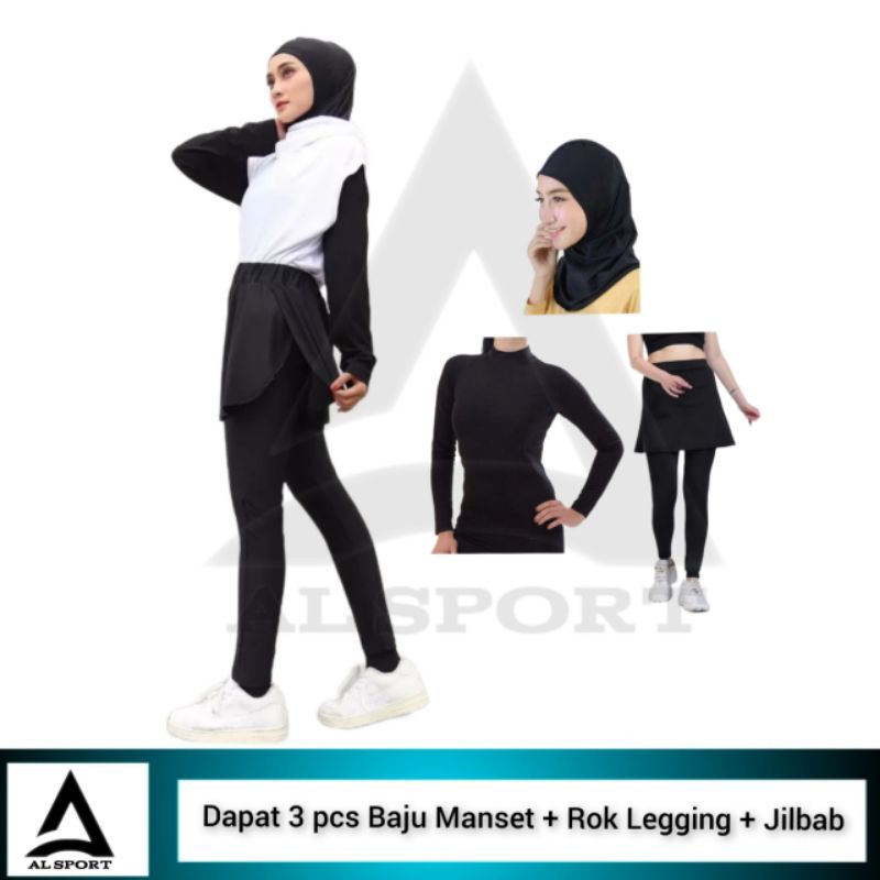 Full set Olahraga Muslimah Wanita Baju Manset Legging Jilbab