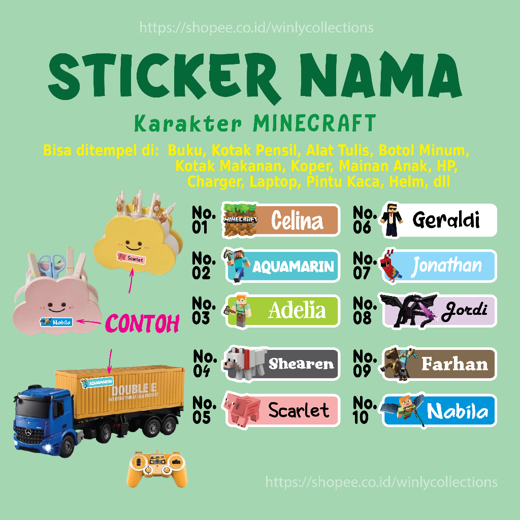 

STIKER LABEL NAMA GAME MINECRAFT STICKER CUSTOM LEBEL PREMIUM MURAH LUCU BISA TEMPEL DI BUKU KOTAK PENSIL HELM BOTOL MINUM KOTAK MAKANAN ALAT TULIS KOPER LAPTOP HP PINTU KACA MAINAN ANAK