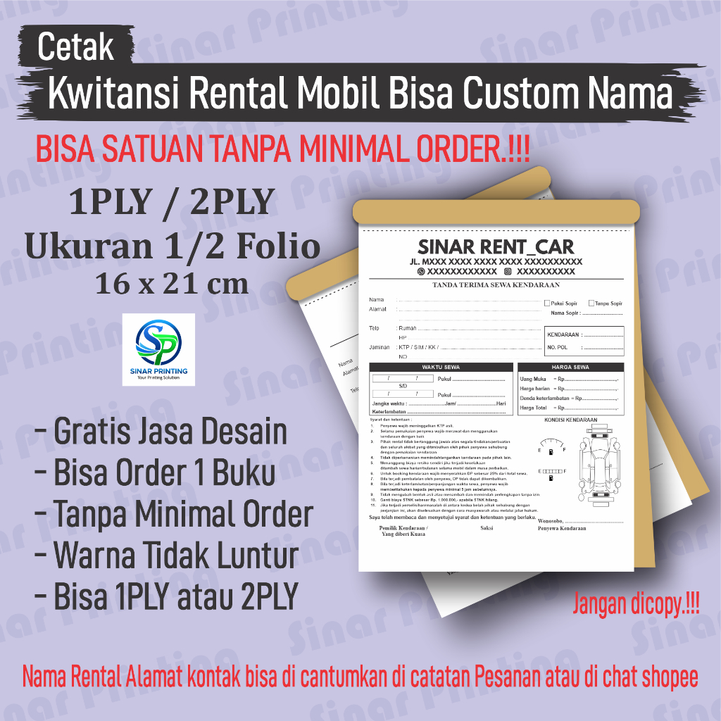 Cetak Kwitansi Rental Mobil Satuan Tanpa Minimal Order