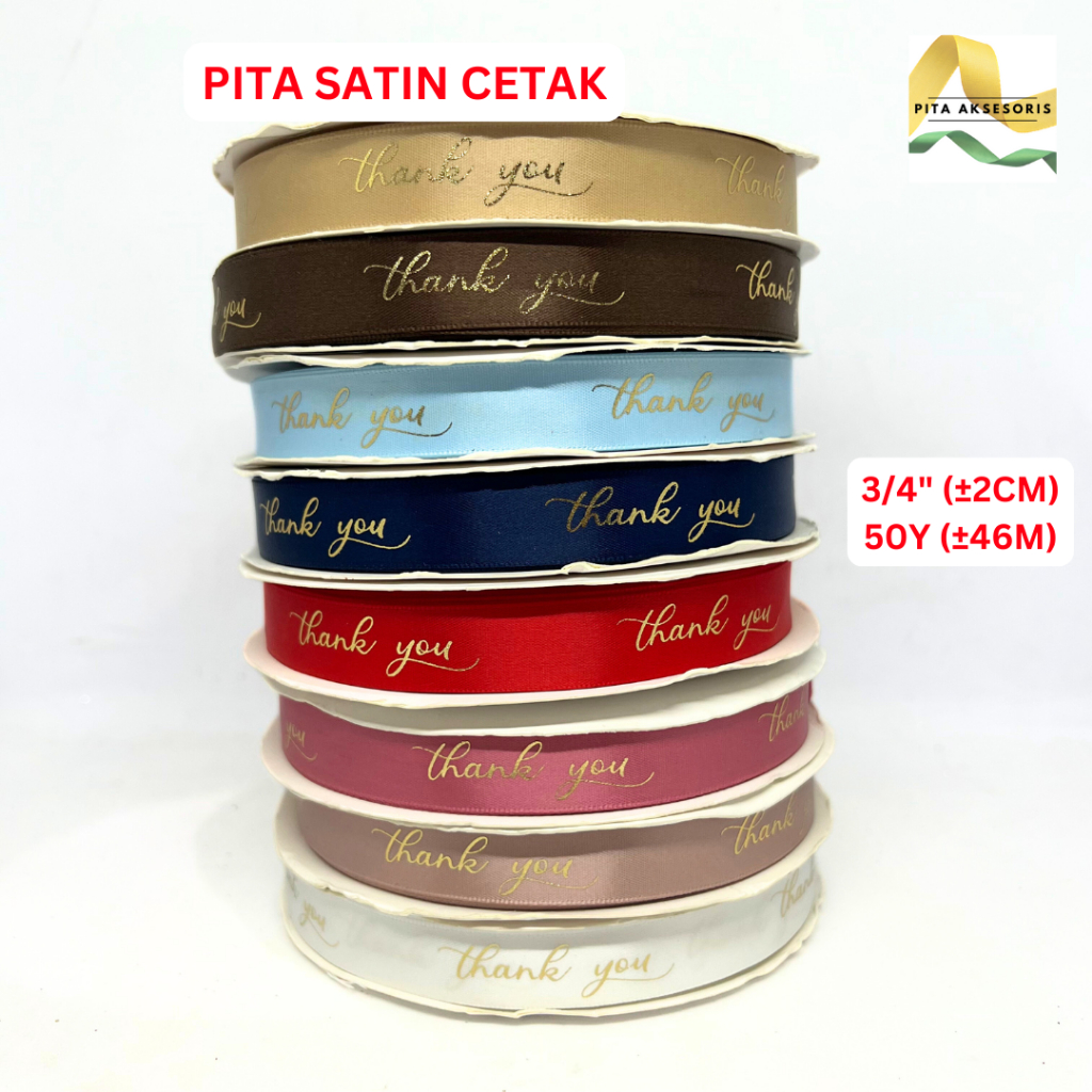 

(1 Roll) Pita Satin Cetak Thank You ±2.5cm x 50 Yard Pita Hampers Terima Kasih Hiasan Kado Souvenir Ulang Tahun Pita Bouquet Bunga