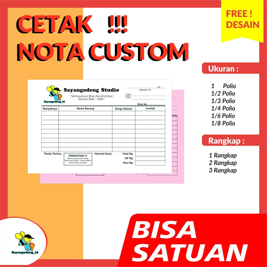

Nota Bon Faktur Surat Jalan Kwitansi CUSTOM - BISA SATUAN - 2ply NCR 55 gsm, 1/4 folio