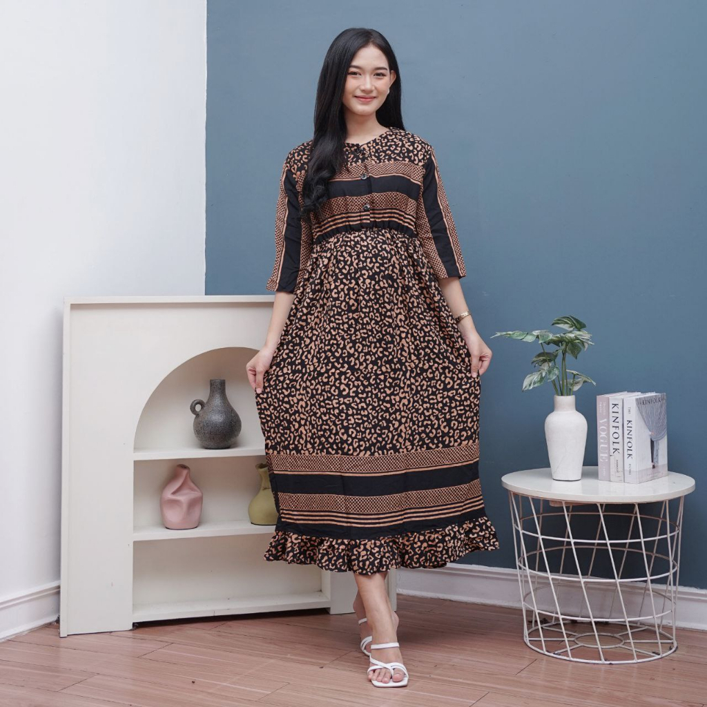 Daster Wanita Busui Longgres Lengan Panjang Karet Dada Motif Kamplong Rayon Kancing Depan Ld 110 Cm