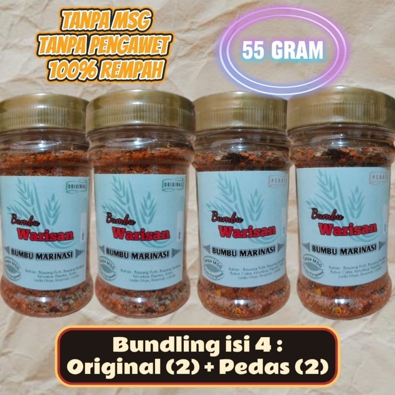 

Bundling 4 pcs Original 2 + Pedas 2 Bumbu Marinasi Kering by Bumbu Warisan 100% Rempah Alami Halal Bubuk Instan