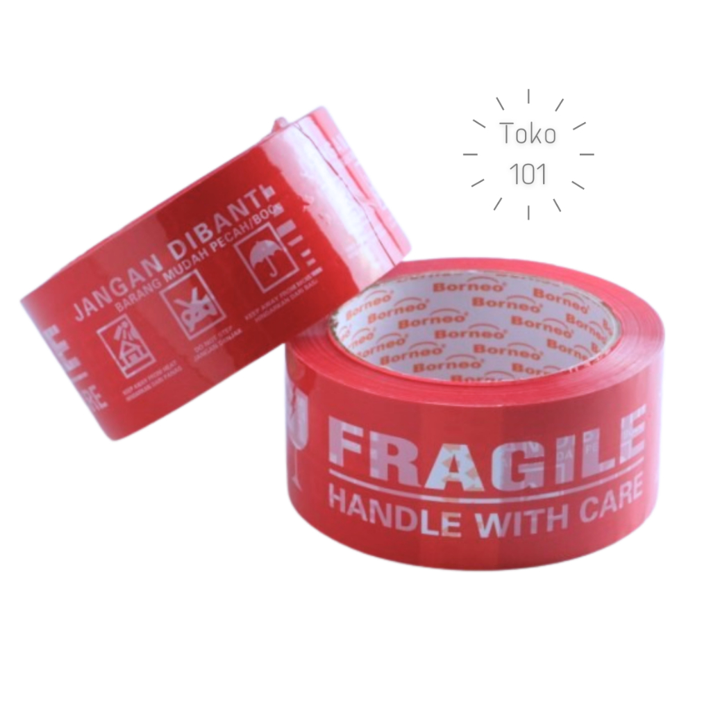 

Lakban Borneo Merah FRAGILE JANGAN DIBANTING 48 mm x 90 Yard