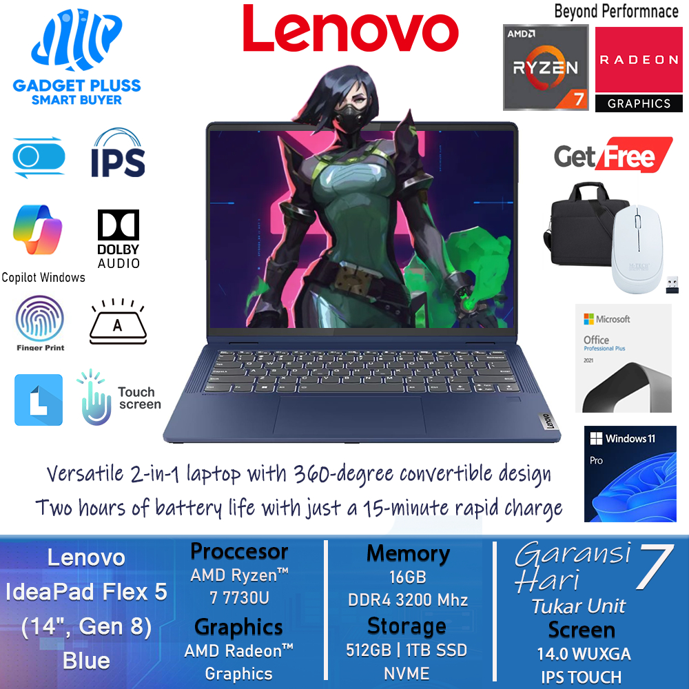 Laptop Touchscreen Lenovo Ideapad Flex 5 14 Ryzen 7 7730U 16GB 1TB SSD WUXGA IPS  Win 11 Home Blue
