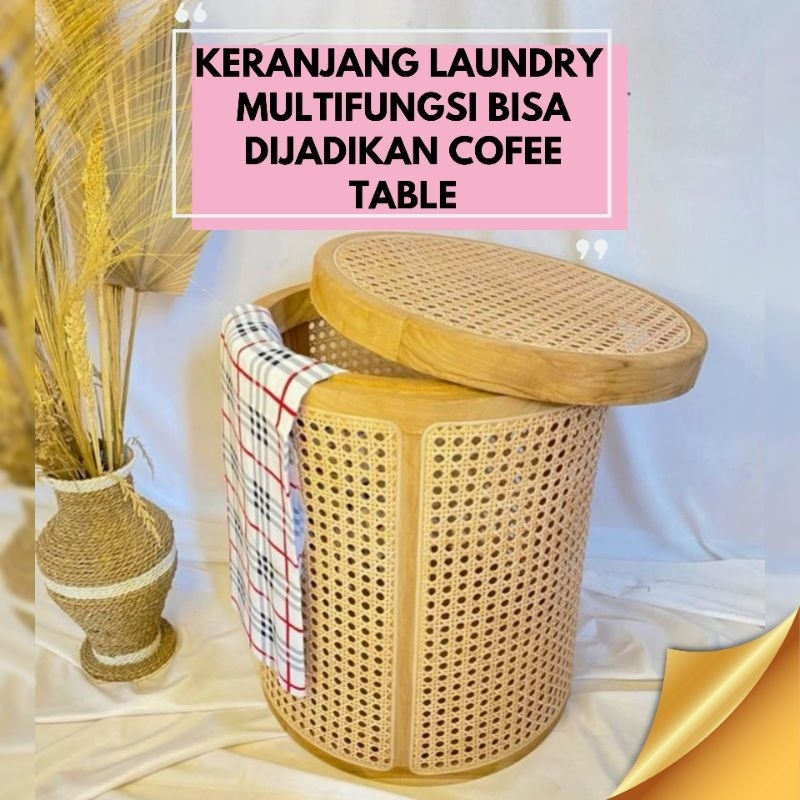 rak keranjang laundry kayu jati rotan multifungsi bisa di jadikan cofee table